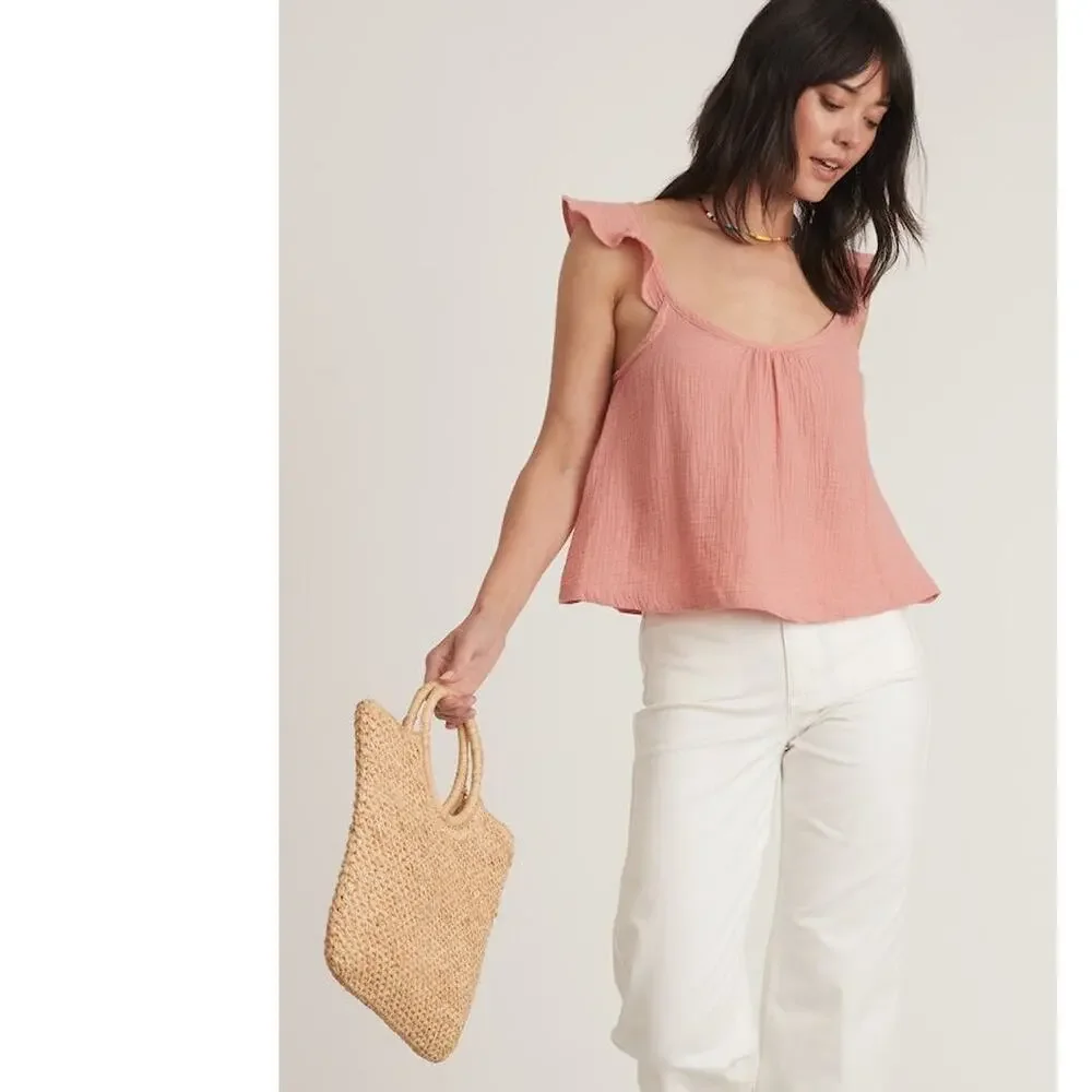 Marine Layer Jude Tank Top Flutter Sleeve Crinkled Cotton Rosette Pink NWT XL - Picture 3 of 8